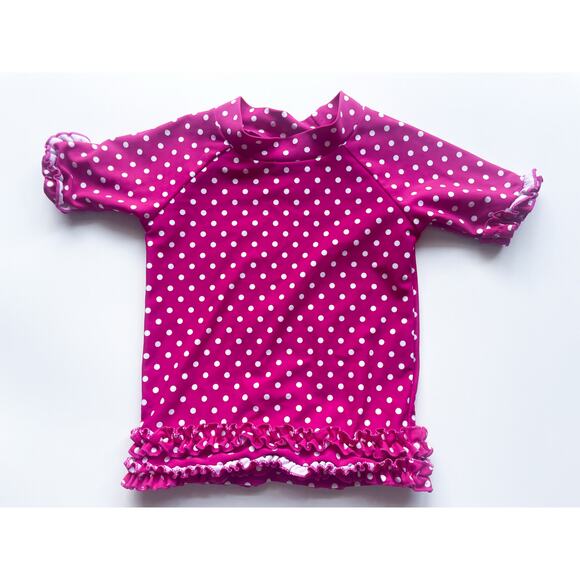 Toddler Girl's Ruffle Butts Pink Polka Dot Short Sleeve Swim Rash Guard Size 2T - Picture 1 of 3